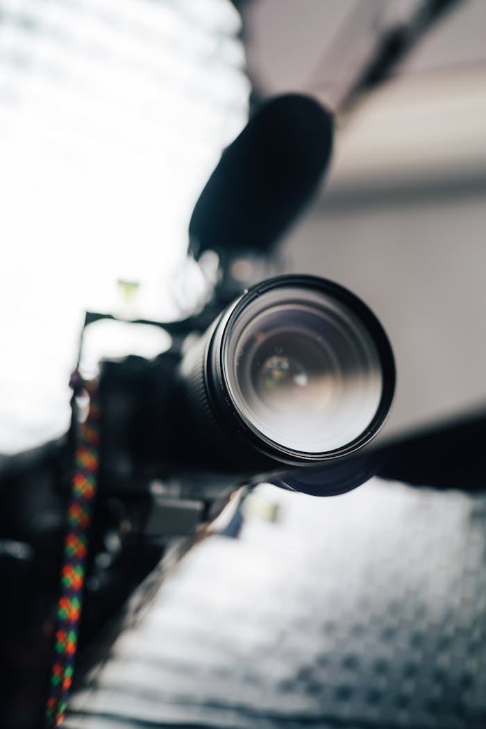 Professional video camera and microphone in studio